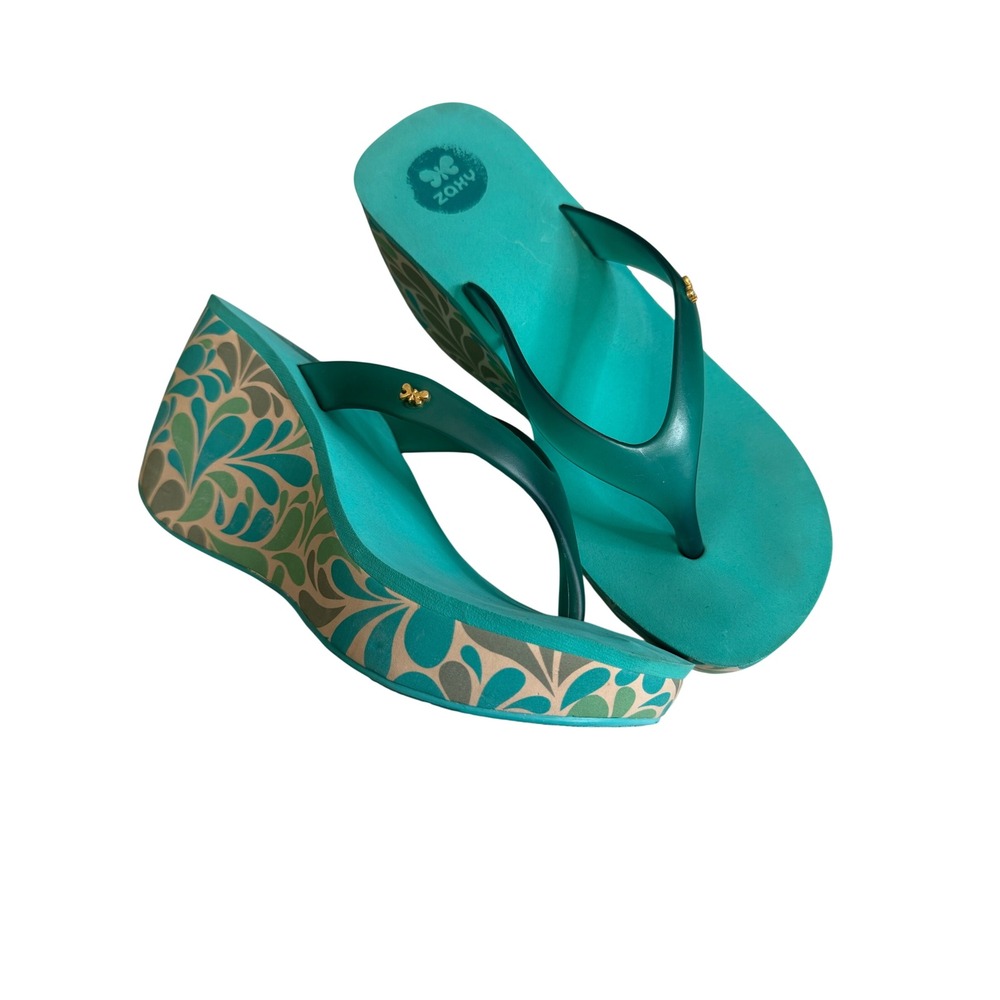 Vintage Y2K Platform Wedge Flip Flops Sandal 7 Teal Barbie Butterfly Jelly Strap